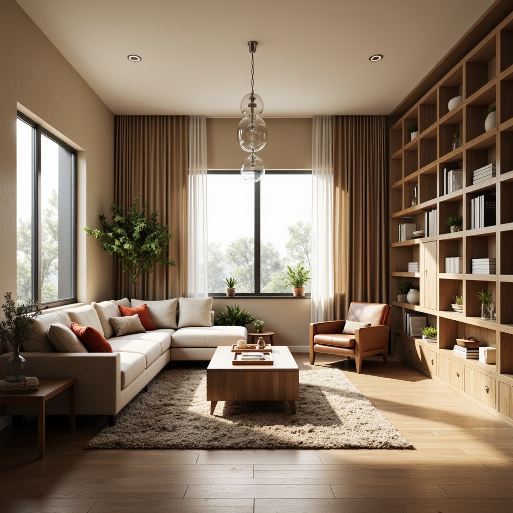 Prompt: Cozy living room, comfortable sofas, warm beige walls, wooden flooring, large windows, natural light, soft curtains, minimalist decor, functional shelving units, modern coffee table, plush area rug, ambient lighting, 1/1 composition, shallow depth of field, realistic textures, warm color palette, inviting atmosphere, ergonomic furniture arrangement, optimized traffic flow, ample storage spaces, cleverly hidden appliances.