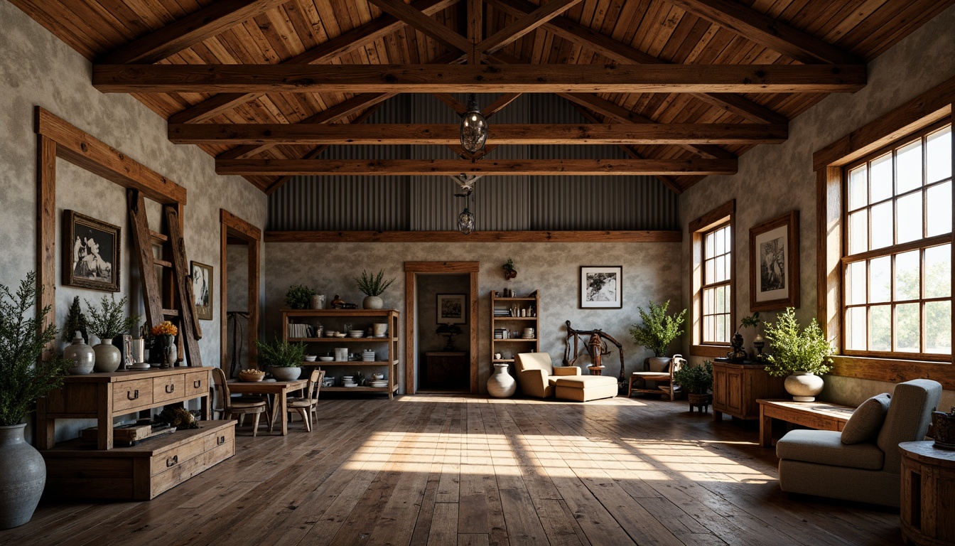 Prompt: Rustic barn, reclaimed wood, metal accents, corrugated steel, wooden beams, exposed brick, natural stone walls, earthy tones, weathered finishes, industrial chic decor, vintage farm tools, distressed textures, warm ambient lighting, soft shadows, 1/1 composition, shallow depth of field, realistic renderings.