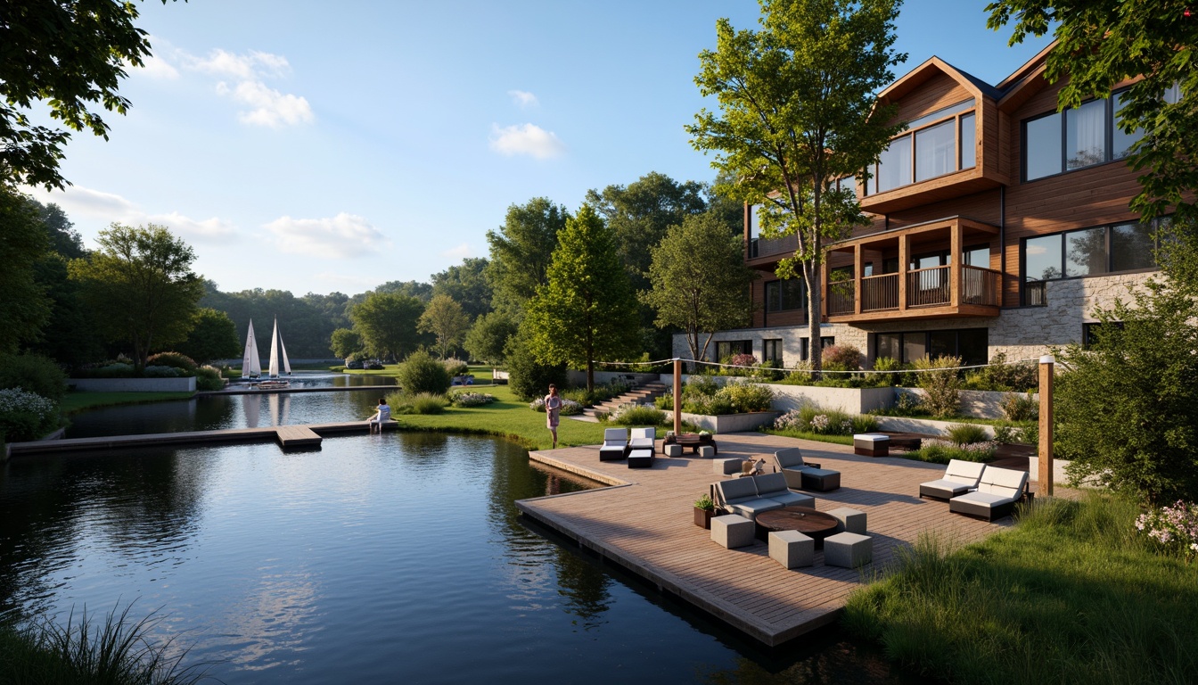 Prompt: Scenic lakefront, serene water reflections, lush greenery, wooden docks, sailboats, modern lakehouse architecture, large windows, sliding glass doors, natural stone walls, rustic wood accents, cozy outdoor seating areas, warm string lighting, shallow depth of field, 3/4 composition, panoramic view, realistic textures, ambient occlusion.