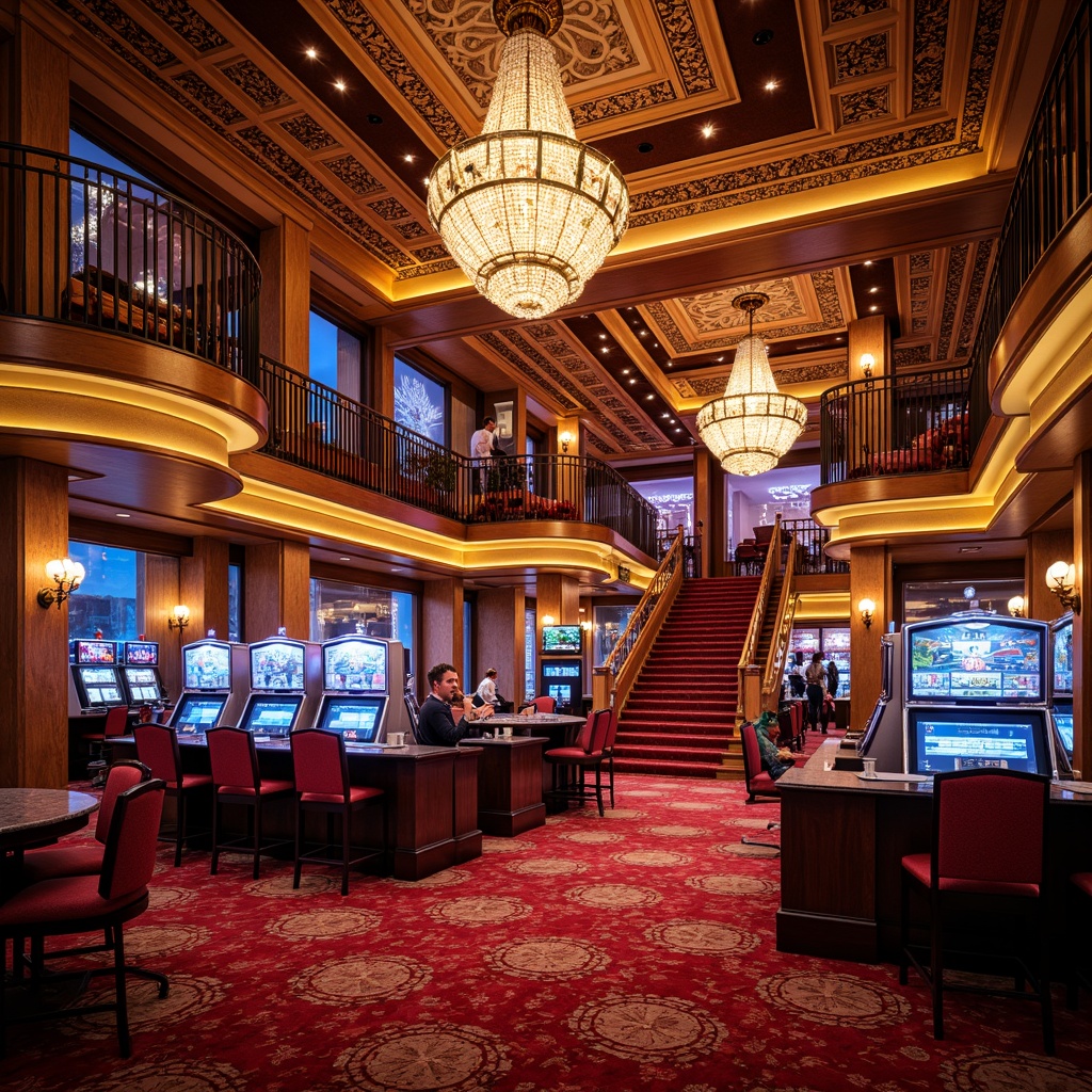 Prompt: Richly ornamented casino interior, lavish chandeliers, plush red carpets, ornate golden accents, intricate moldings, luxurious velvet drapes, grandiose staircases, opulent furnishings, vibrant neon lights, lively slot machines, bustling atmosphere, warm inviting ambiance, soft focus lighting, shallow depth of field, 1/2 composition, realistic textures, ambient occlusion.