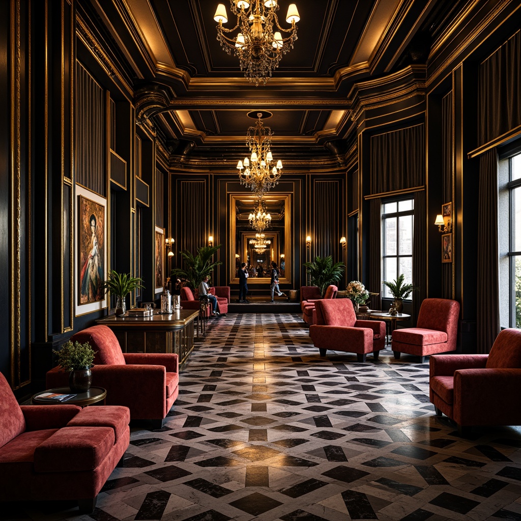 Prompt: Luxurious Art Deco interior, ornate metalwork, geometric patterns, glossy black surfaces, polished chrome accents, rich velvet fabrics, intricate marble inlays, opulent chandeliers, lavish furnishings, bold color schemes, metallic sheen, high-contrast lighting, dramatic shadows, 1/1 composition, low-angle shot, cinematic atmosphere, realistic reflections, detailed textures.