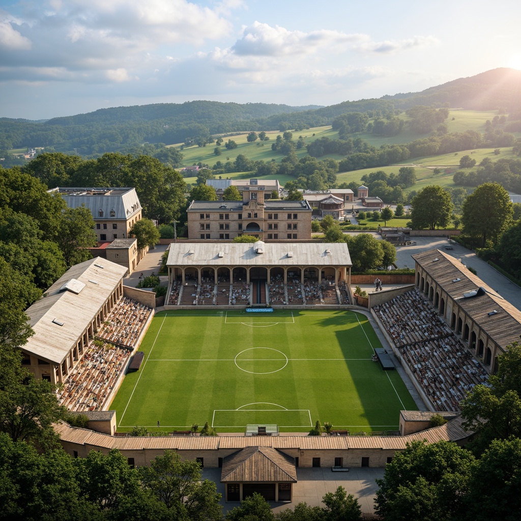 Prompt: Rustic football stadium, Romanesque architecture, stone walls, arched windows, green roofs, lush vegetation, rolling hills, natural scenery, serene atmosphere, warm sunny day, soft diffused lighting, shallow depth of field, 3/4 composition, panoramic view, realistic textures, ambient occlusion, tiered seating, grassy fields, athletic tracks, goalposts, scoreboard, floodlights, spectator stands, VIP lounges, concession booths, modern amenities.