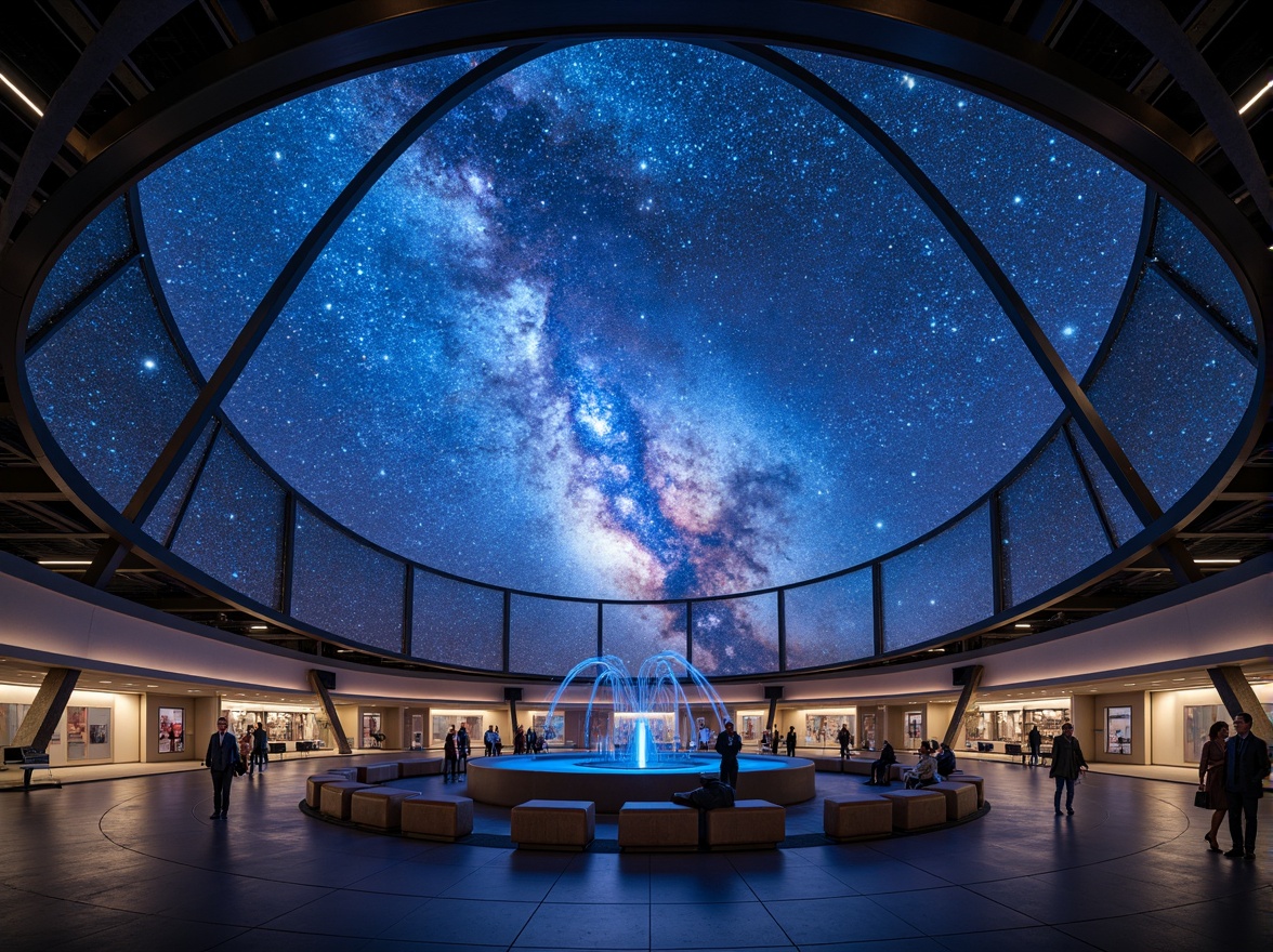 Prompt: Celestial planetarium dome, vast open interior, starry night sky projection, circular seating arrangement, futuristic architecture design, sleek metal beams, transparent glass roof, minimalist decor, ambient soft lighting, shallow depth of field, 3/4 composition, panoramic view, realistic textures, atmospheric sound effects, interactive exhibits, educational displays, astronomical instruments, telescopes, space exploration themes, galaxy-inspired patterns, vibrant blue and purple hues, innovative ventilation systems, climate control technologies.