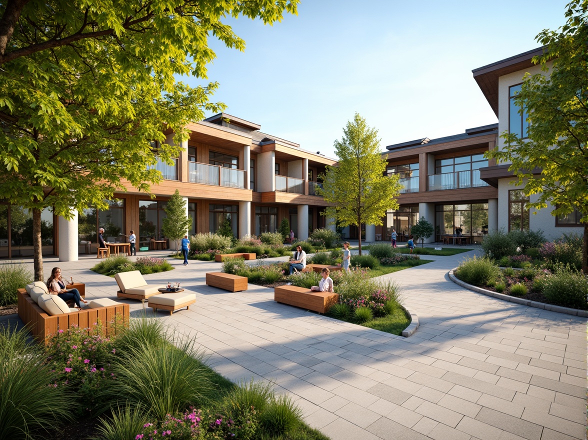 Prompt: Vibrant community center courtyard, lush greenery, blooming flowers, comfortable outdoor seating, wooden benches, shade structures, pergolas, walking paths, natural stone pavers, modern architecture, large windows, glass doors, sunny day, soft warm lighting, shallow depth of field, 3/4 composition, panoramic view, realistic textures, ambient occlusion, community gardens, public art installations, interactive water features, children's play areas, outdoor fitness zones, basketball courts, picnic tables, BBQ stations.