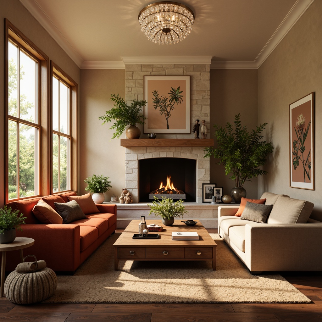 Prompt: Cozy living room, warm beige walls, rich walnut wood furniture, plush velvet sofas, soft golden lighting, natural stone fireplace, earthy terracotta accents, calming botanical prints, creamy white trim, elegant crystal chandeliers, inviting atmosphere, 1/1 composition, shallow depth of field, realistic textures, ambient occlusion.