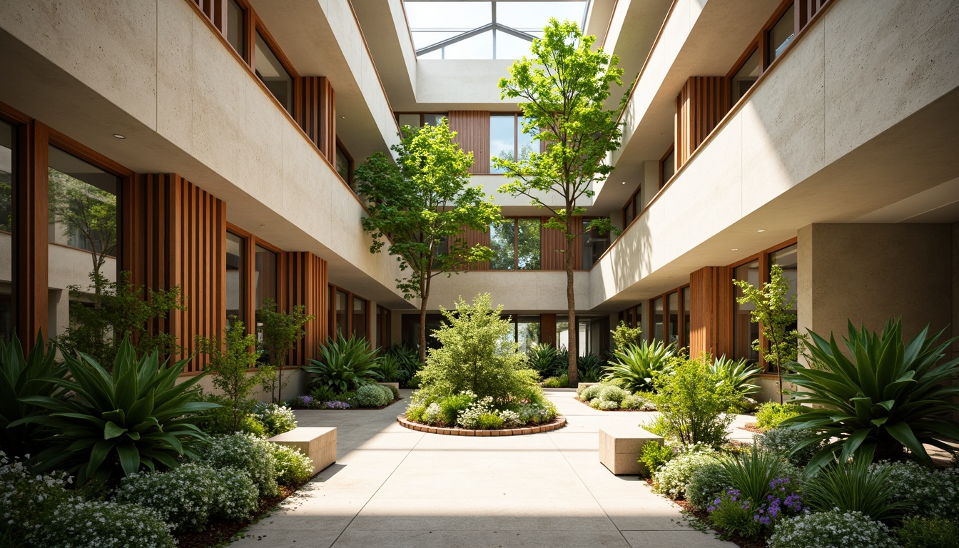 Prompt: Vibrant atrium, lush greenery, natural stone walls, wooden accents, floor-to-ceiling windows, clerestory windows, skylights, open spaces, minimalist decor, warm beige tones, soft diffused lighting, indirect sunlight, ambient shadows, 1/1 composition, shallow depth of field, realistic textures, subtle color palette, serene atmosphere, peaceful ambiance.