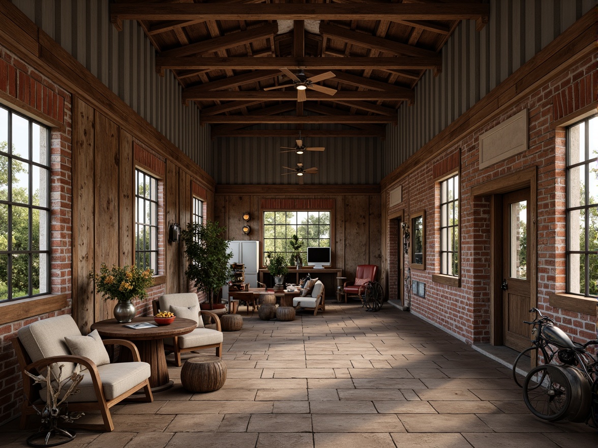 Prompt: Rustic barn, reclaimed wood, metal accents, corrugated steel, wooden beams, exposed brick, natural stone walls, earthy tones, weathered finishes, industrial chic decor, vintage farm tools, distressed textures, warm ambient lighting, shallow depth of field, 1/1 composition, realistic renderings, atmospheric perspective.