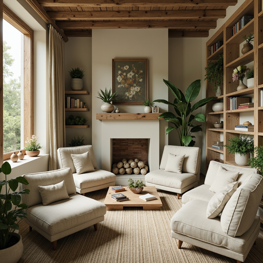 Prompt: Soft celadon hues, creamy whites, warm beige tones, rich wood accents, natural textiles, organic shapes, earthy ceramics, botanical patterns, lush greenery, serene ambiance, soft diffused lighting, shallow depth of field, 1/1 composition, intimate atmosphere, cozy reading nooks, plush furnishings, vintage decorative items, distressed wood finishes, nature-inspired color palette, calming mood, peaceful retreat.