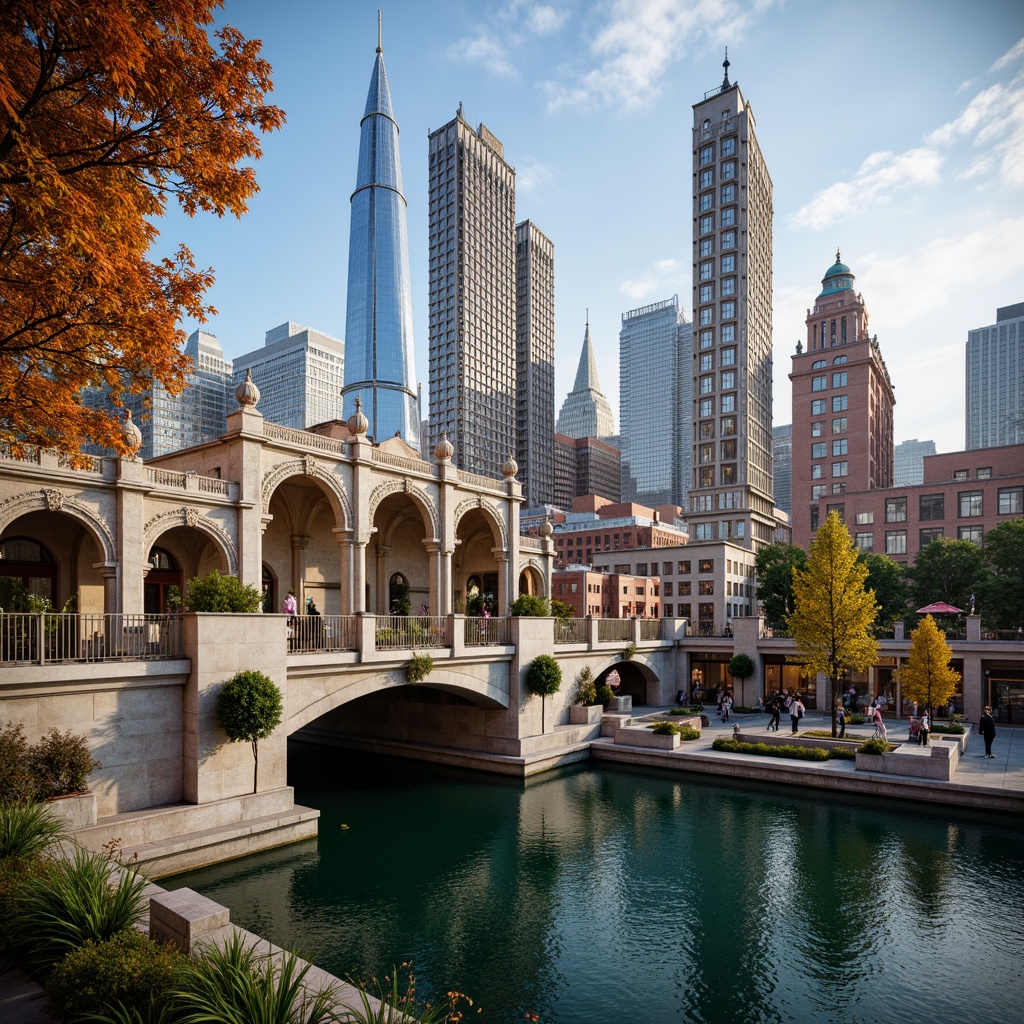 Prompt: Grandiose Baroque-style bridge, ornate stone carvings, sweeping arches, majestic pillars, intricate ironwork, vibrant urban landscape, bustling city streets, modern skyscrapers, eclectic architectural fusion, lush greenery, tranquil water features, soft warm lighting, shallow depth of field, 3/4 composition, panoramic view, realistic textures, ambient occlusion.