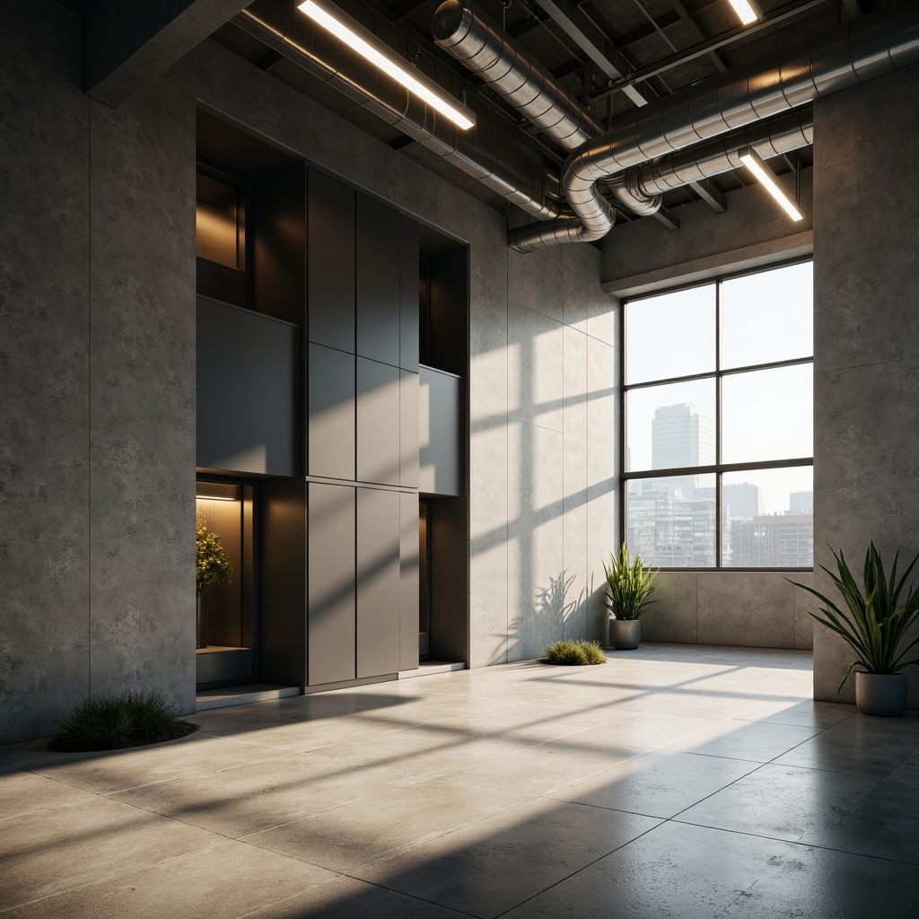 Prompt: Minimalist building facade, clean lines, monochromatic color scheme, industrial materials, exposed ductwork, polished concrete floors, floor-to-ceiling windows, natural light pouring in, soft warm glow, subtle shadows, recessed lighting fixtures, hidden LED strips, ambient illumination, 1/1 composition, shallow depth of field, realistic textures, soft focus, morning sunlight, urban cityscape.