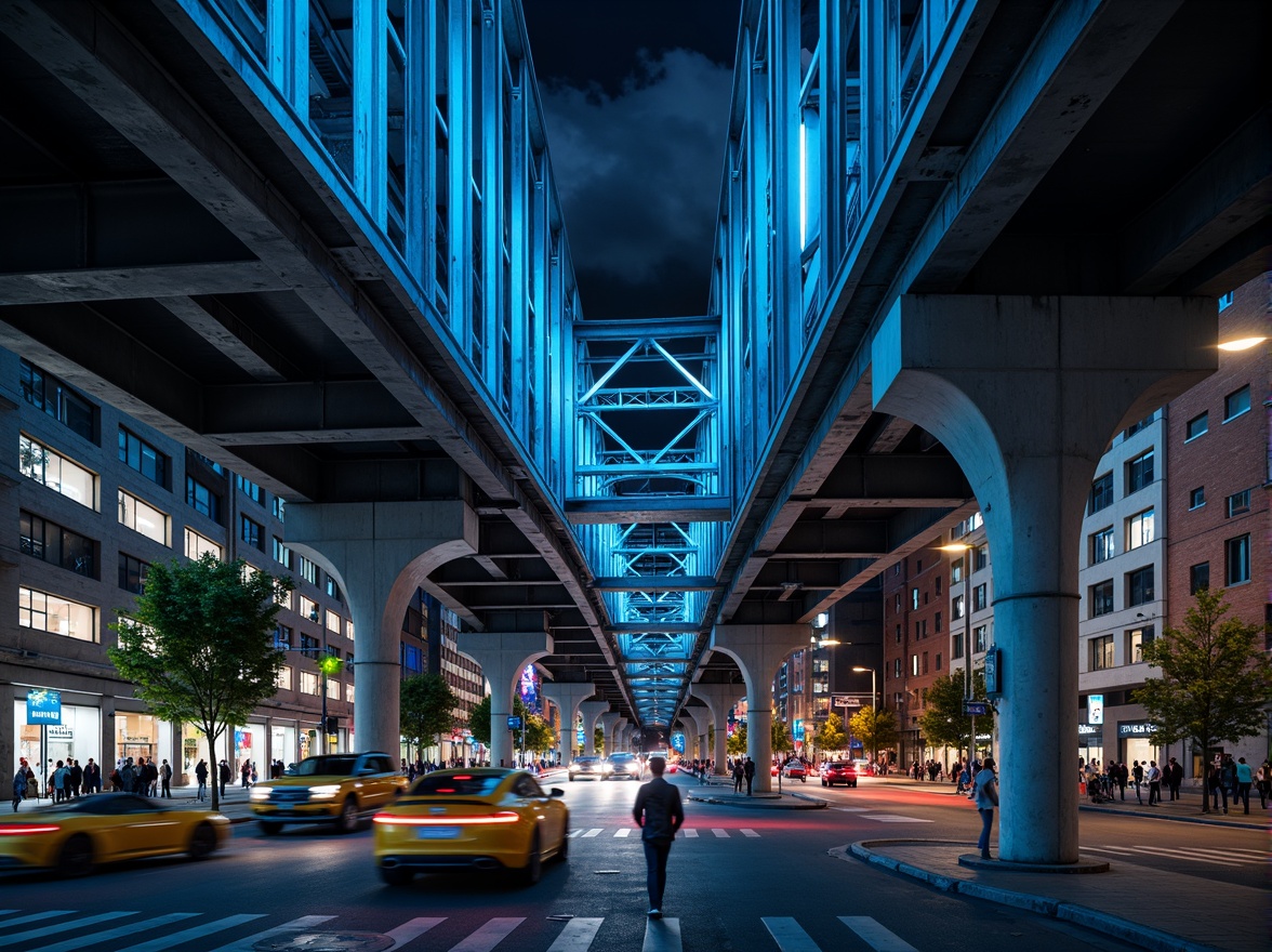 Prompt: Urban bridge, industrial steel structure, modern architecture, bold color scheme, bright blue accents, silver metallic tones, concrete pillars, urban cityscape, busy traffic flow, dramatic nighttime lighting, high-contrast shadows, cinematic atmosphere, 1/2 composition, low-angle shot, realistic textures, ambient occlusion.