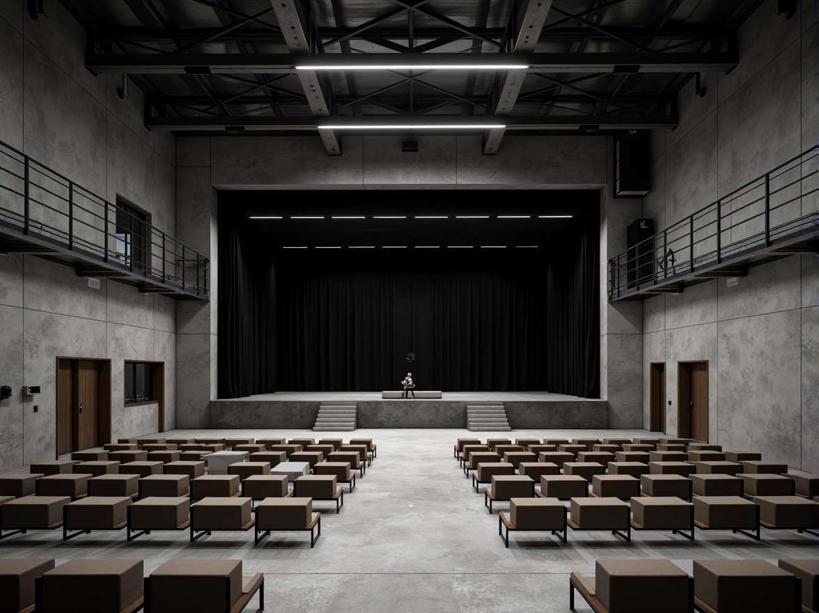 Prompt: Minimalist theater interior, concrete floors, industrial metal beams, exposed ductwork, simple wooden seats, sleek black stage, subtle LED lighting, sparse audience seating, open backstage area, natural stone walls, polished steel railings, monochromatic color scheme, dramatic spotlights, 1/1 composition, high-contrast shadows, realistic textures, ambient occlusion.