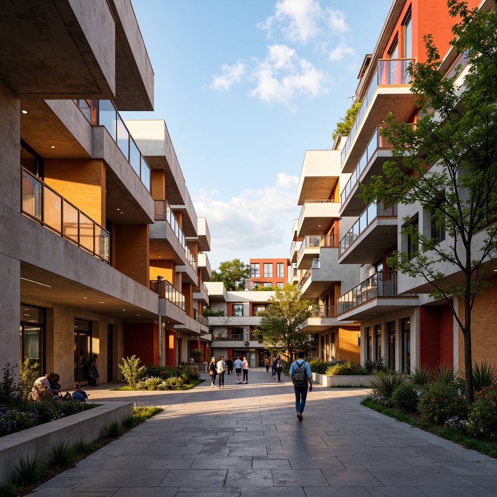 Prompt: Vibrant university campus, postmodernist architecture, irregular shapes, fragmented forms, bold color schemes, eclectic mix of materials, rough concrete textures, sleek glass surfaces, abstract sculptures, dynamic lighting effects, dramatic shadows, playful use of columns, irregularly shaped windows, cantilevered structures, asymmetrical compositions, 1/2 composition, low-angle shot, warm golden lighting, soft focus, atmospheric perspective.