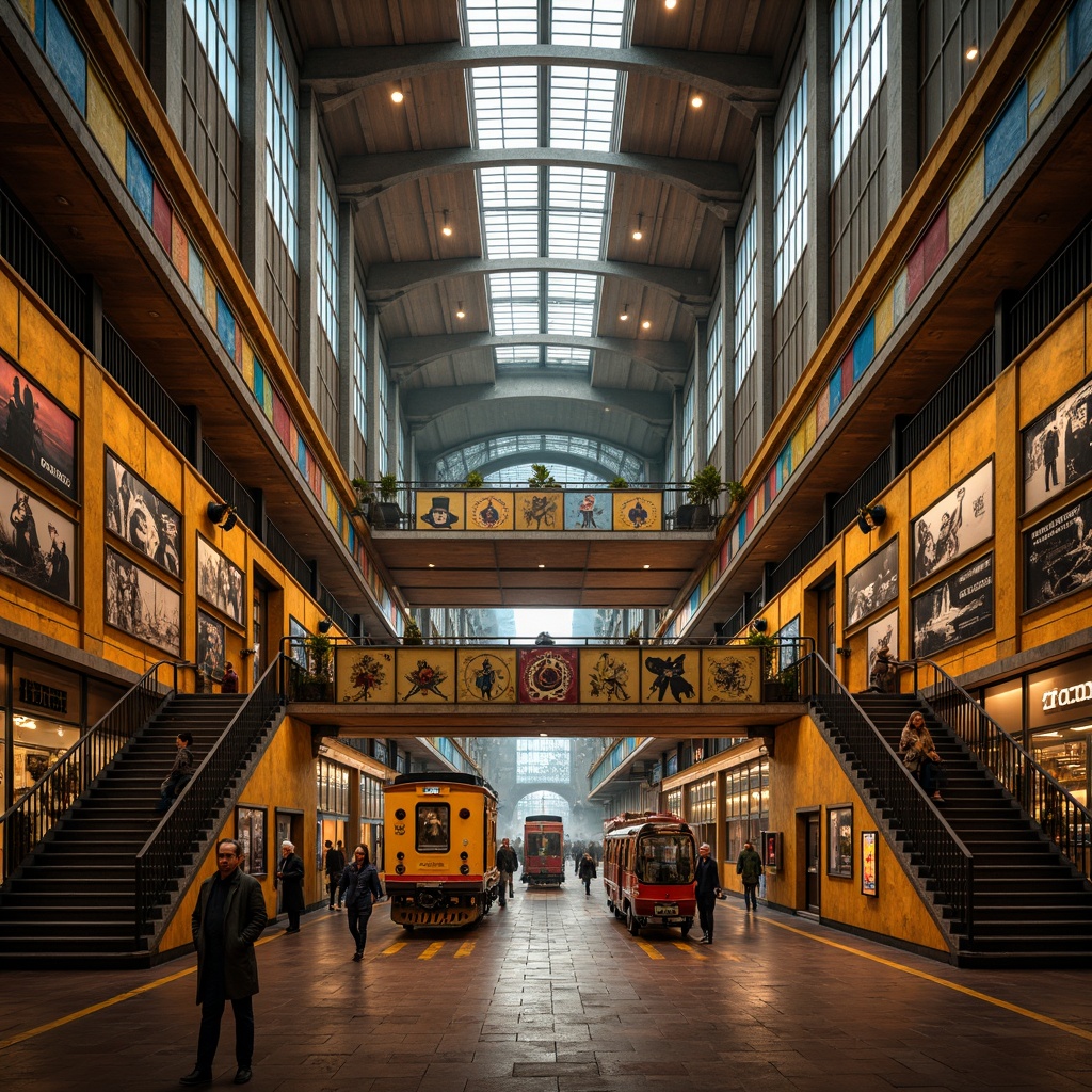 Prompt: Vibrant train station, expressionist architecture, bold geometric shapes, contrasting colors, warm golden lighting, industrial metal beams, distressed brick walls, ornate ironwork, grand staircases, intricate mosaics, eclectic art deco patterns, rich wood accents, vintage luggage carts, nostalgic steam engine details, atmospheric foggy day, dramatic shadows, cinematic low-angle shot, 1/2 composition, moody warm color grading, realistic textures, ambient occlusion.