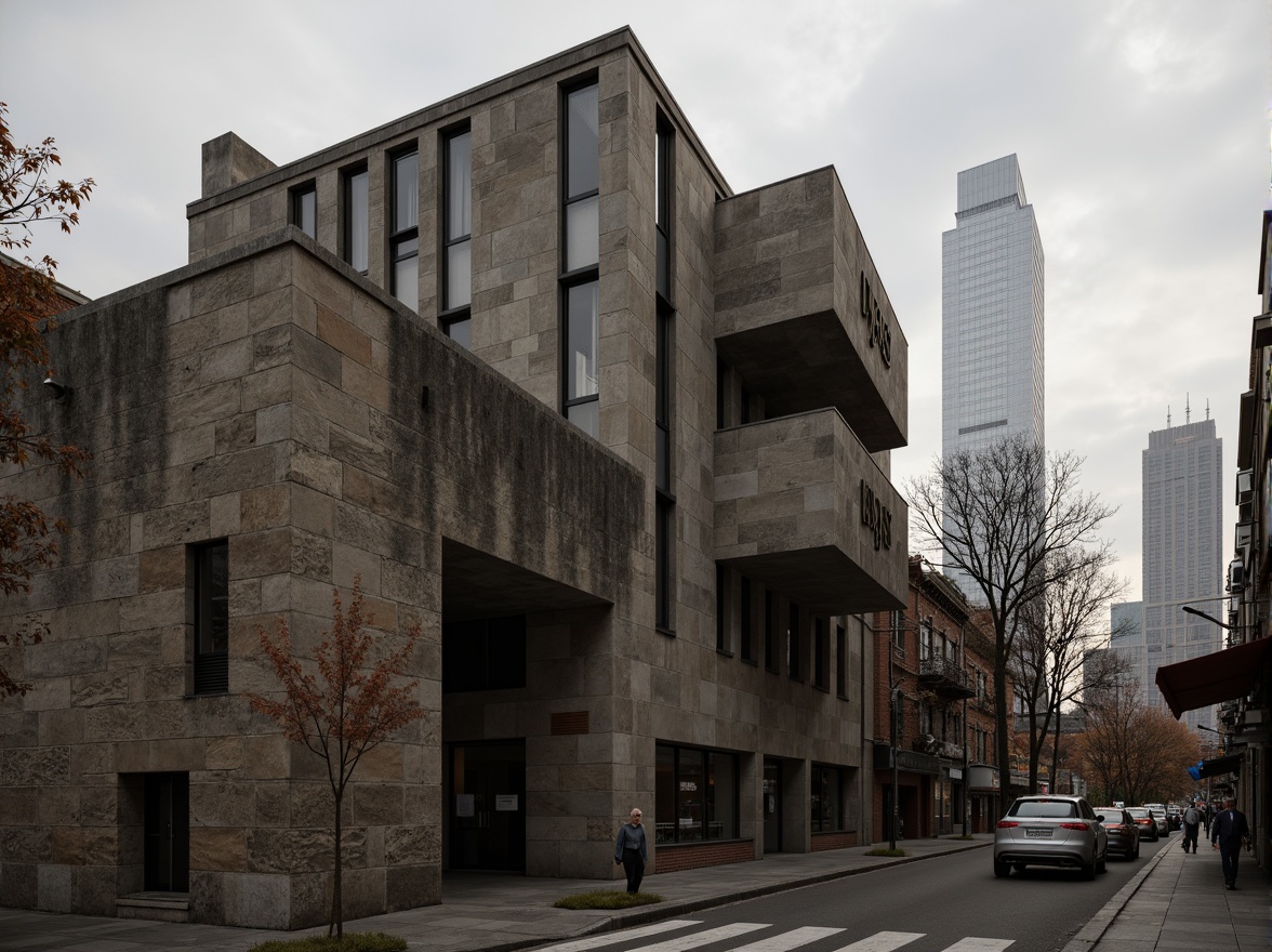 Prompt: Rugged brutalist architecture, raw concrete textures, industrial metal accents, bold geometric shapes, monochromatic color scheme, dark muted tones, earthy brown hues, weathered stone walls, urban cityscape, overcast sky, dramatic shadows, high-contrast lighting, cinematic composition, gritty realistic render.