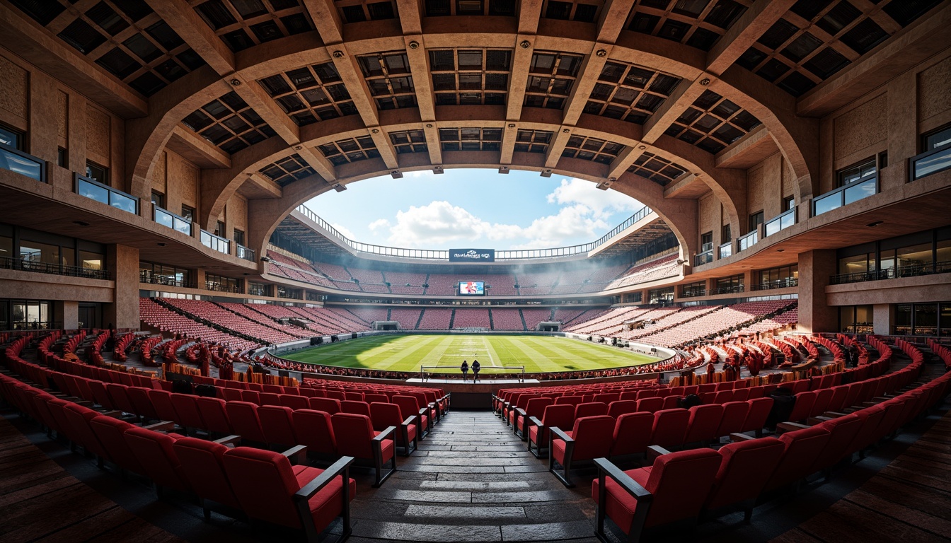 Prompt: Luxurious football stadium, Romanesque architecture, ornate stone carvings, grandiose archways, vibrant team colors, plush velvet seats, intricate patterned rugs, richly textured upholstery, metallic accents, dramatic spotlights, warm ambient lighting, 1/1 composition, shallow depth of field, realistic fabric simulations, detailed stitching, soft focus blur, atmospheric misting effects.