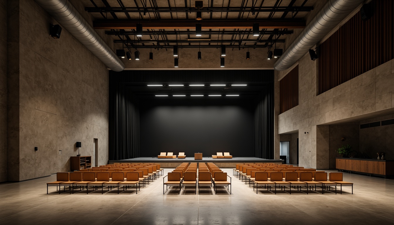 Prompt: Minimalist theater interior, concrete floors, industrial metal beams, exposed ductwork, simple wooden seats, sleek black stage, subtle LED lighting, dramatic spotlights, acoustic panels, sound-absorbing materials, neutral color palette, monochromatic tones, clean lines, minimal ornamentation, functional simplicity, urban loft atmosphere, high ceilings, open space, flexible seating arrangements, movable partitions, versatile performance areas, warm ambient glow, soft shadows, 1/1 composition, realistic textures, subtle reflections.