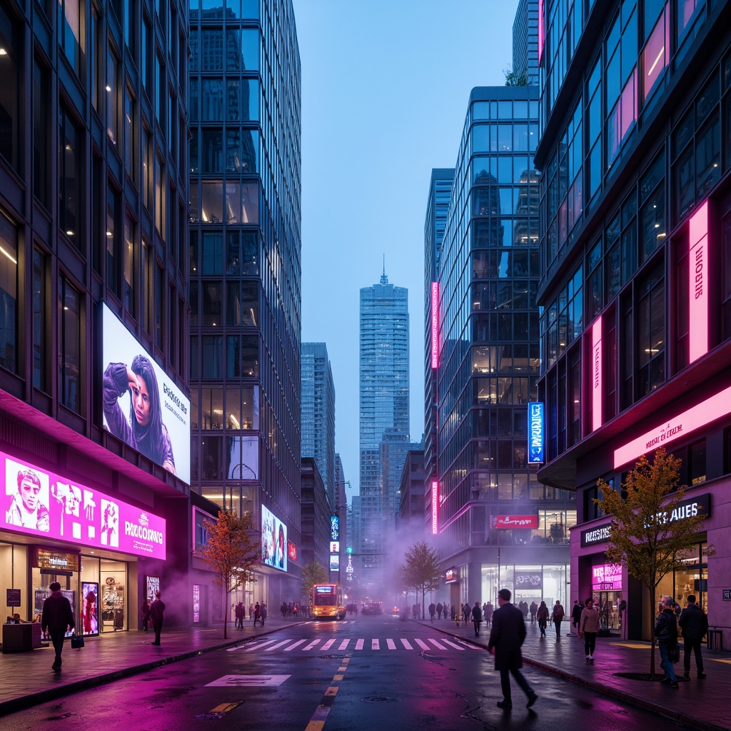 Prompt: Neon-lit skyscrapers, iridescent glass facades, metallic silver accents, holographic advertisements, luminescent LED lights, electric blue hues, vibrant pink neon signs, sleek chrome details, futuristic urban landscapes, cyberpunk cityscapes, dystopian alleys, retro-futuristic nostalgia, atmospheric mist effects, cinematic lighting, high-contrast shadows, 3/4 composition, symmetrical architecture, geometric patterns, abstract shapes, avant-garde design elements.