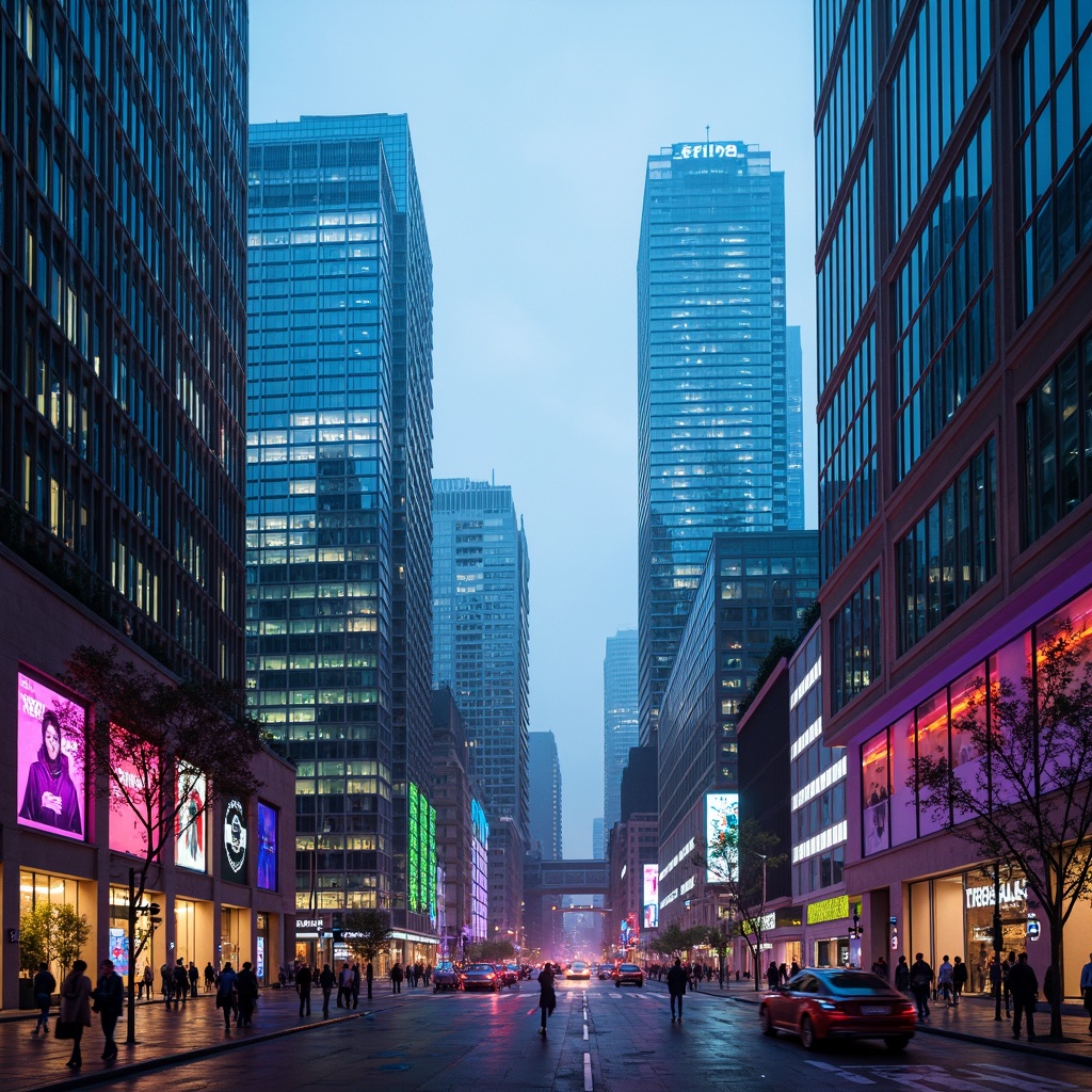 Prompt: Neon-lit skyscrapers, metallic silver accents, iridescent glass facades, holographic advertisements, cyberpunk cityscape, vibrant electric blue hues, neon green highlights, deep purple tones, rose gold details, sleek chrome lines, geometric patterns, futuristic urban landscape, high-tech infrastructure, levitating transportation pods, atmospheric mist, soft glowing ambiance, shallow depth of field, 1/1 composition, cinematic lighting, realistic reflections.