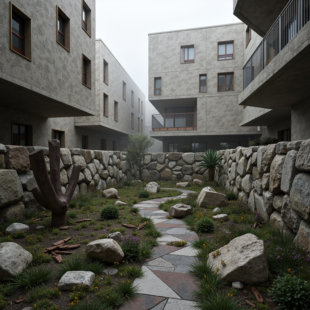 Prompt: Fragmented rocky formations, irregular stone walls, abstract sculptures, meandering pathways, overgrown vegetation, distressed metal accents, fractured concrete surfaces, dynamic angular lines, unconventional building forms, cantilevered structures, asymmetrical compositions, bold color contrasts, dramatic lighting effects, misty atmospheric conditions, shallow depth of field, 1/2 composition, wide-angle lens, high-contrast rendering, intricate texture details.