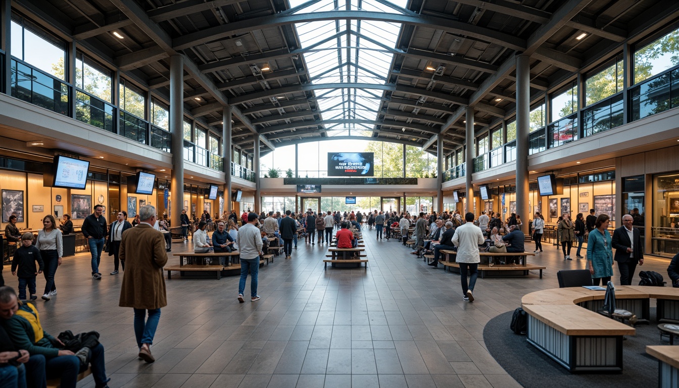 Prompt: Busy train station, modern architecture, sleek metal beams, large glass roofs, natural stone floors, vibrant signage, electronic displays, ticketing machines, waiting areas, comfortable seating, luggage racks, commercial shops, food courts, pedestrian walkways, elevated platforms, staircases, escalators, clear wayfinding signs, efficient crowd control, morning rush hour, soft warm lighting, shallow depth of field, 3/4 composition, panoramic view, realistic textures, ambient occlusion.