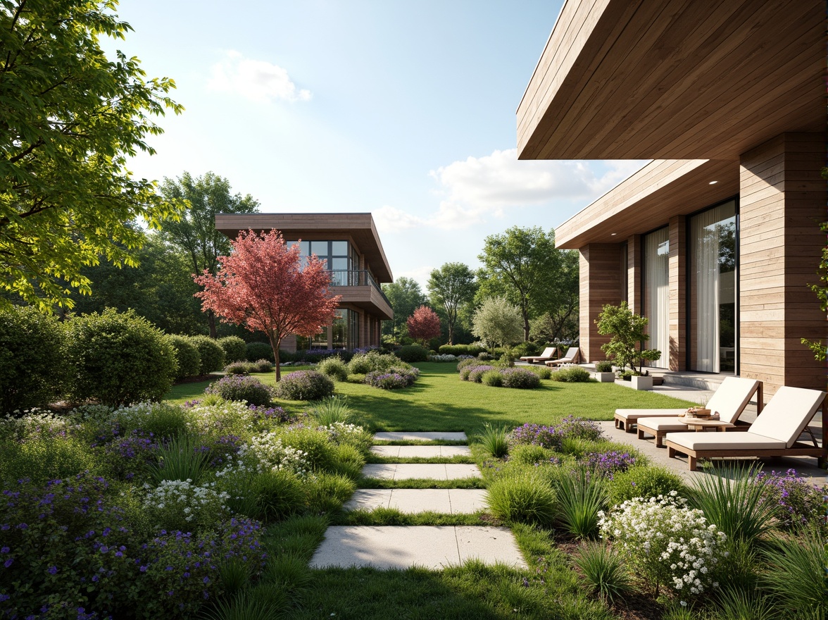 Prompt: Vibrant garden, lush greenery, blooming flowers, meandering pathways, wooden benches, natural stone walls, modern outdoor furniture, cantilevered roofs, floor-to-ceiling windows, sliding glass doors, warm sunny day, soft diffused lighting, shallow depth of field, 3/4 composition, panoramic view, realistic textures, ambient occlusion.