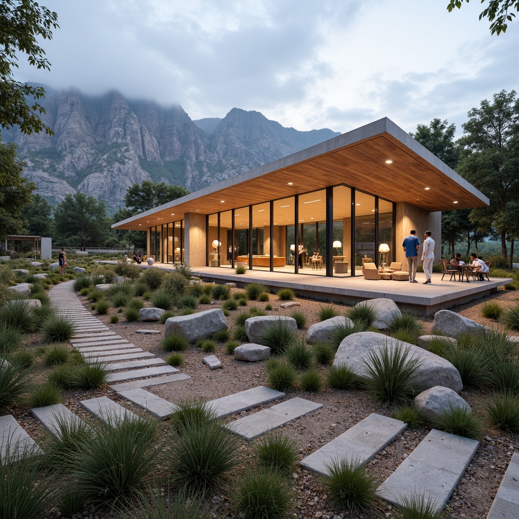 Prompt: Sleek visitor center, minimalist architecture, natural stone walls, large glass windows, sliding doors, open floor plan, sparse furnishings, reclaimed wood accents, earthy color palette, surrounding landscape integration, native plant species, meandering walking trails, scenic lookout points, educational signage, subtle lighting, shallow depth of field, 1/1 composition, panoramic view, realistic textures, ambient occlusion.