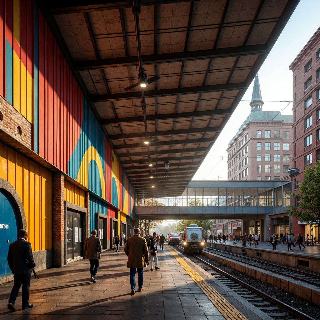 Prompt: Vibrant train station, expressionist architecture, bold geometric shapes, bright primary colors, contrasting secondary hues, industrial metal beams, exposed brick walls, distressed concrete textures, urban cityscape, bustling streets, morning rush hour, warm golden lighting, shallow depth of field, 1/2 composition, dramatic shadows, cinematic atmosphere, gritty realistic details.