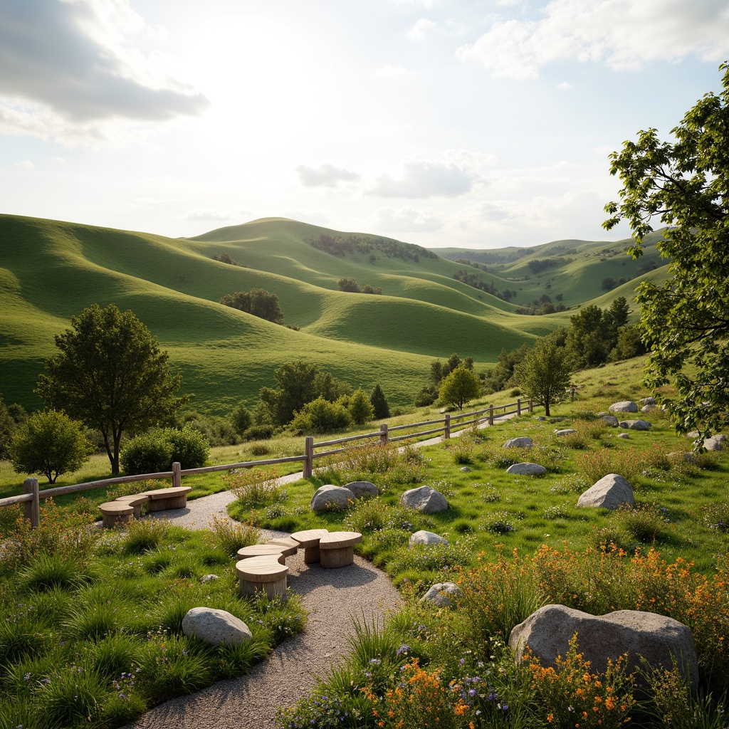 Prompt: Rolling hills, lush green grass, wildflowers, meandering pathways, rustic wooden fences, natural stone benches, serene atmosphere, warm sunlight, soft breeze, gentle slopes, native plant species, organic mulch, decorative boulders, meadow-inspired design, asymmetrical composition, shallow depth of field, 1/2 camera angle, realistic textures, ambient occlusion.