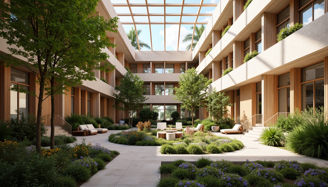 Prompt: Vibrant atrium, lush greenery, natural stone walls, wooden accents, floor-to-ceiling windows, clerestory windows, skylights, open spaces, minimalist decor, warm beige tones, soft diffused lighting, indirect sunlight, ambient shadows, 1/1 composition, shallow depth of field, realistic textures, subtle color palette, serene atmosphere, peaceful ambiance.