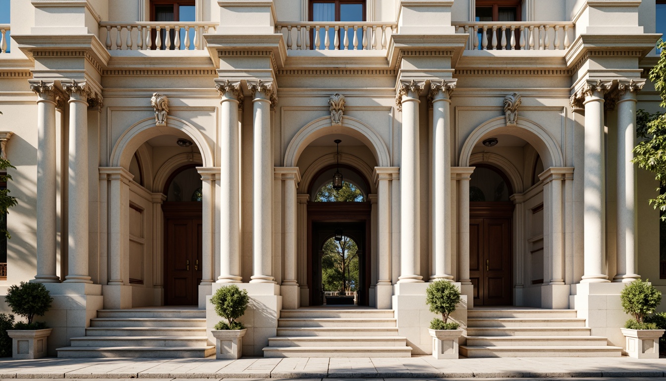 Prompt: Grandiose building facade, ornate columns, intricately carved details, symmetrical composition, classical proportions, limestone or marble materials, subtle color palette, soft natural light, warm afternoon ambiance, shallow depth of field, 2/3 composition, realistic textures, ambient occlusion, ornamental balustrades, decorative friezes, sculpted pediments, grand entranceways, sweeping staircases, elegant archways, refined moldings, luxurious ornamentation.