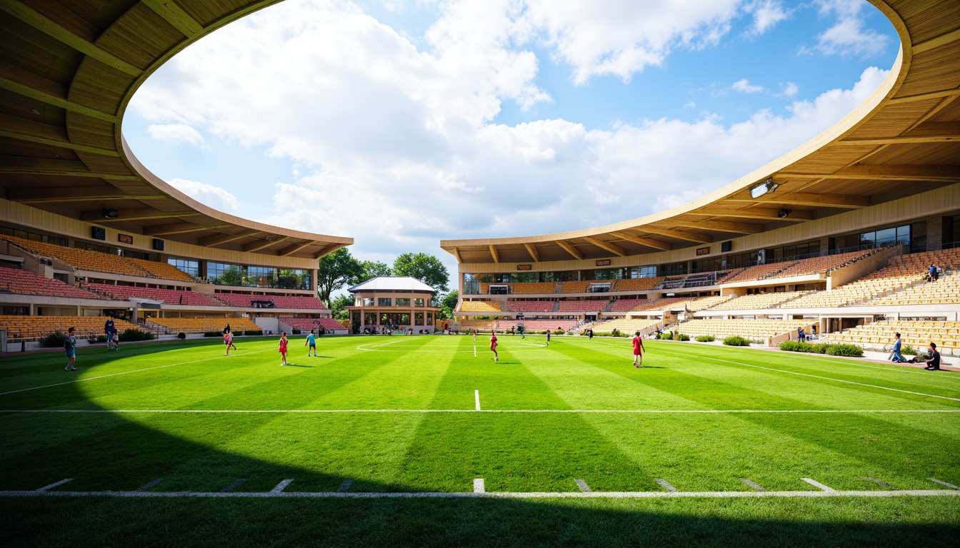 Prompt: Athletic track, lush green grass, vibrant sports equipment, goalposts, scoreboards, spectator stands, modern stadium architecture, curved lines, dynamic shapes, open spaces, natural ventilation, abundant sunlight, soft warm lighting, shallow depth of field, 3/4 composition, panoramic view, realistic textures, ambient occlusion, fluid player movement, efficient circulation paths, clear signage, intuitive wayfinding, accessible amenities, comfortable seating areas.