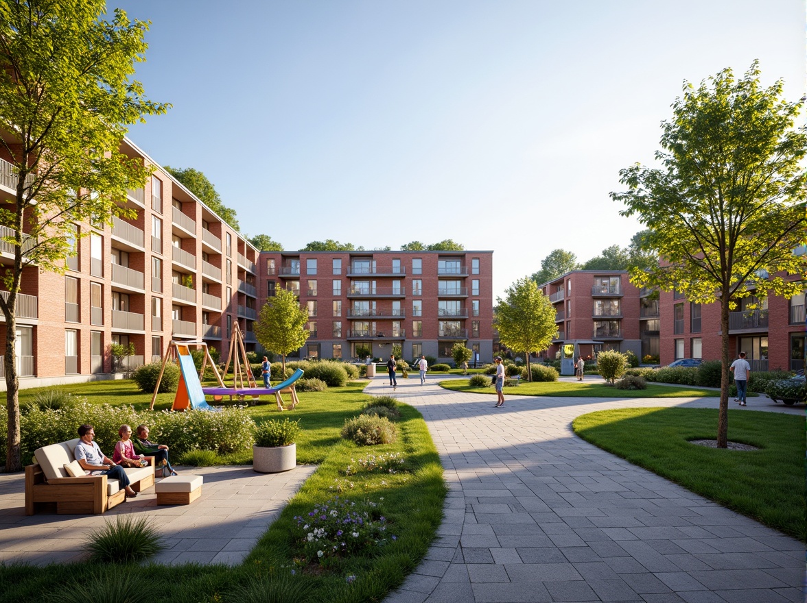 Prompt: Vibrant community center, modern social housing, green roofs, communal gardens, outdoor recreational spaces, playground equipment, seating areas, public art installations, natural stone walkways, brick buildings, large windows, glass doors, sunny day, soft warm lighting, shallow depth of field, 3/4 composition, panoramic view, realistic textures, ambient occlusion, inclusive design, accessible pathways, community kitchen, shared laundry facilities, co-working spaces, educational resources, health services, social programs, cultural events, diverse community, harmonious atmosphere.