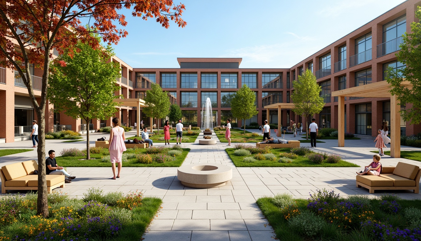 Prompt: Vibrant community center courtyard, lush greenery, blooming flowers, comfortable outdoor seating, wooden benches, shade structures, pergolas, walking paths, natural stone pavers, modern architecture, large windows, glass doors, sunny day, soft warm lighting, shallow depth of field, 3/4 composition, panoramic view, realistic textures, ambient occlusion, community gardens, public art installations, interactive water features, children's play areas, outdoor fitness zones, basketball courts, picnic tables, BBQ stations.