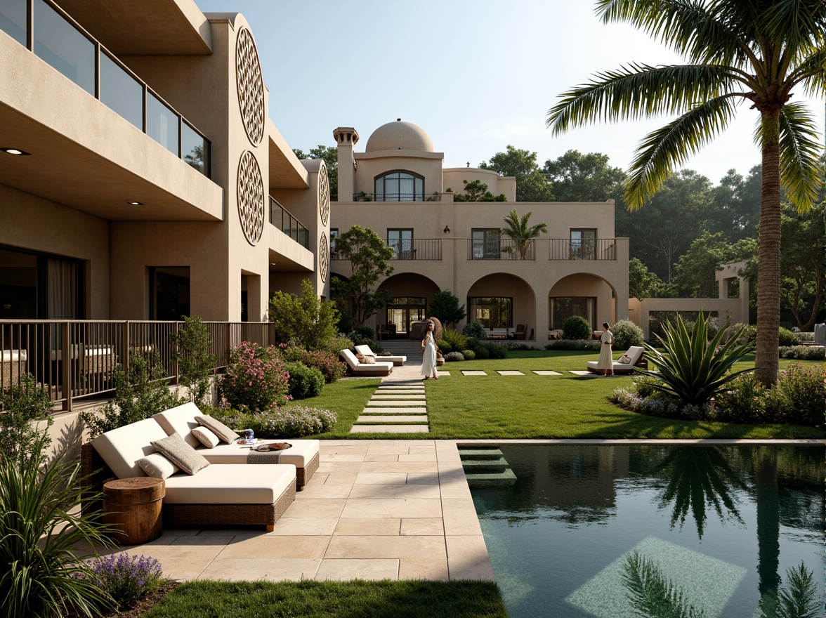 Prompt: Luxurious villa, Art Deco style, ornate facades, curved lines, geometric patterns, lavish gardens, lush greenery, vibrant flowers, tranquil ponds, walking paths, decorative fountains, elegant outdoor furniture, plush cushions, metallic accents, warm lighting, soft shadows, 1/1 composition, symmetrical framing, cinematic atmosphere, realistic textures, ambient occlusion.