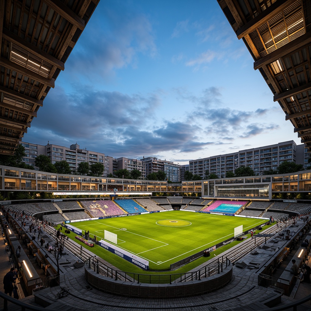 Prompt: Vibrant football stadium, social housing complex, brutalist architecture, exposed concrete structures, industrial metal beams, reclaimed wood accents, urban landscape, city skyline views, communal green spaces, public art installations, dynamic LED lighting, angular geometric forms, cantilevered balconies, corrugated metal cladding, raw concrete textures, atmospheric misting systems, 1/1 composition, dramatic low-angle shots, cinematic lighting effects.