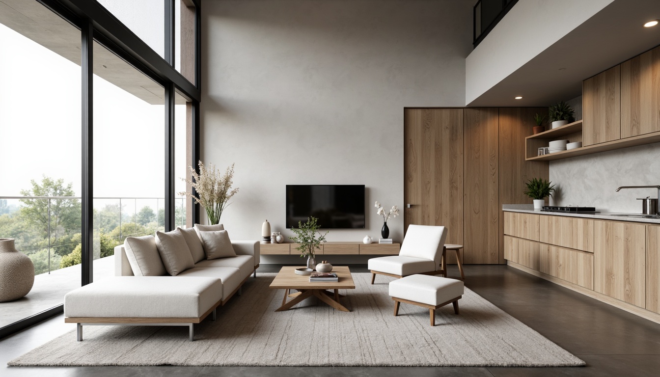 Prompt: Minimalist living room, sleek low-profile furniture, monochromatic color scheme, polished concrete floors, floor-to-ceiling windows, natural light pouring in, sparse decorative elements, geometric-shaped coffee table, Scandinavian-inspired wooden accents, hidden storage compartments, multi-functional spaces, compact kitchenette, induction cooktop, wall-mounted shelves, recessed lighting, soft warm glow, shallow depth of field, 1/1 composition, realistic textures, ambient occlusion.