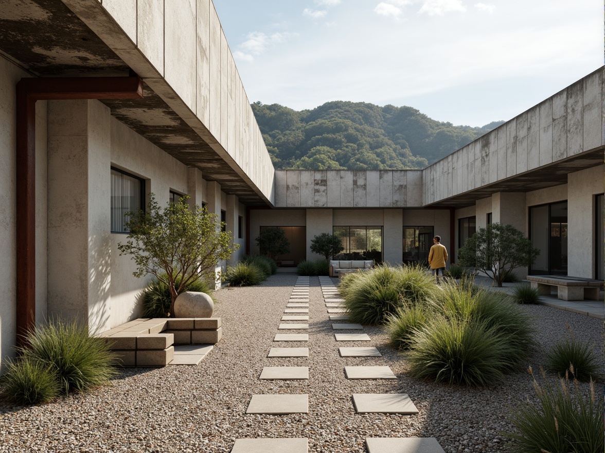 Prompt: Rugged laboratory buildings, brutalist architecture, industrial landscapes, concrete structures, steel beams, exposed ductwork, minimalist vegetation, succulent plants, gravel pathways, weathered stone walls, rusted metal accents, functional outdoor spaces, utilitarian design, harsh overhead lighting, dramatic shadows, 1/1 composition, high-contrast textures, ambient occlusion.