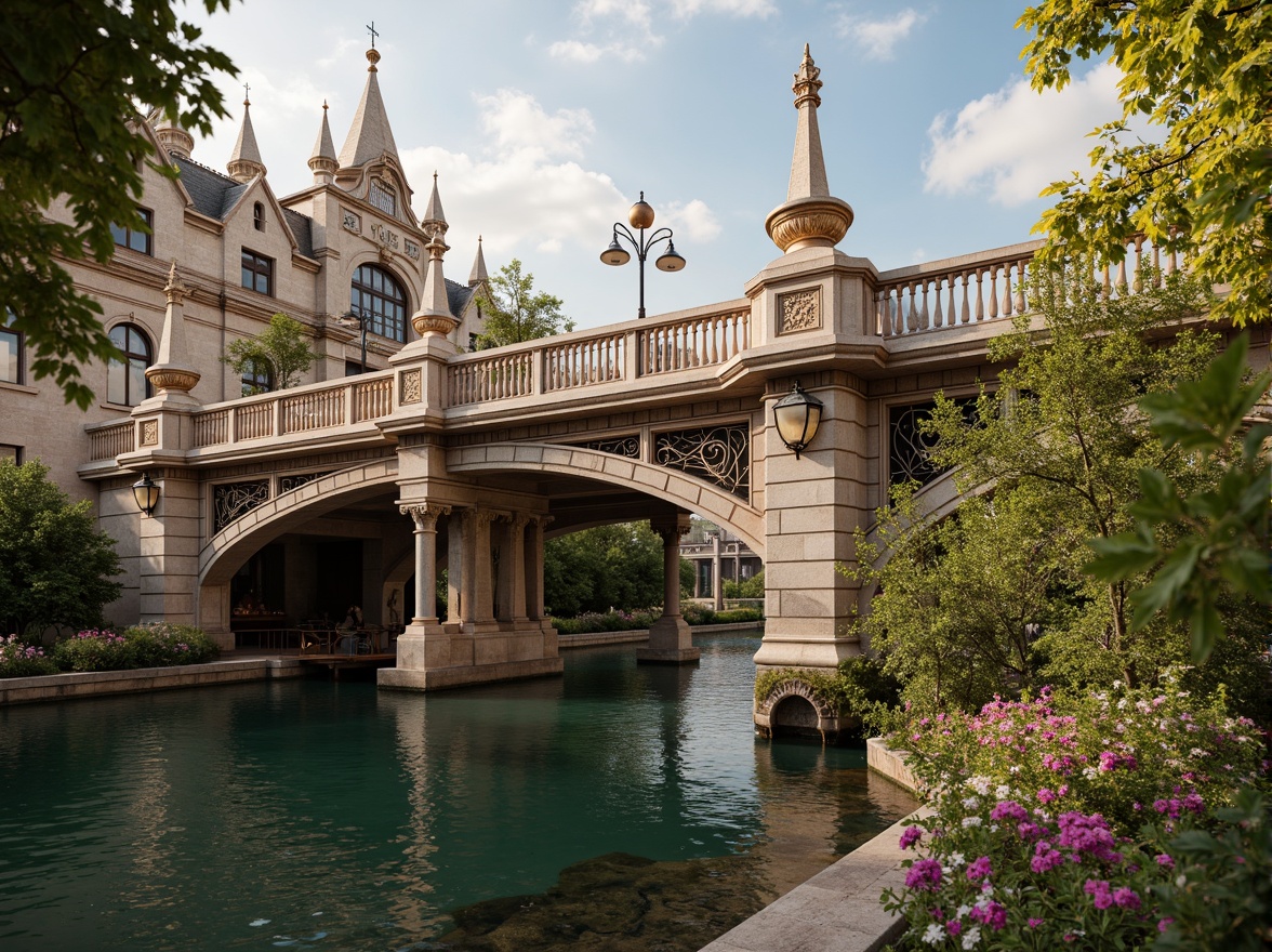 Prompt: Ornate bridge, grandiose arches, intricately carved stone balustrades, gilded accents, ornamental lanterns, majestic river views, serene water reflections, lush greenery, vibrant flowers, natural stone piers, decorative iron railings, Baroque-inspired architecture, sweeping curves, dramatic lighting, warm golden tones, shallow depth of field, 1/2 composition, realistic textures, ambient occlusion.