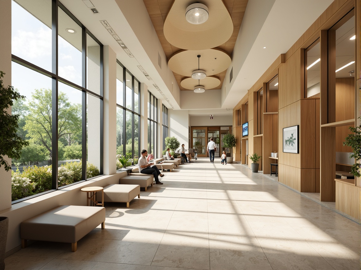 Prompt: Serene hospital interior, abundant natural light, floor-to-ceiling windows, greenery views, calming atmosphere, warm wood accents, soft pastel colors, gentle curves, minimalist decor, comfortable seating areas, quiet reading nooks, soothing water features, peaceful artwork, natural stone flooring, warm beige walls, modern medical equipment, sleek metal fixtures, subtle ambient lighting, shallow depth of field, 1/1 composition, realistic textures, ambient occlusion.