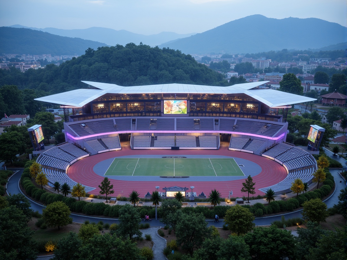 Prompt: Futuristic sports complex, undulating terrain, neon-lit athletic tracks, sleek metallic bleachers, holographic scoreboards, iridescent stadium roofs, glowing accents, vibrant LED lighting, misty atmospheric effects, shallow depth of field, 3/4 composition, panoramic view, realistic textures, ambient occlusion, lush greenery, tropical plants, palm trees, sandy pathways, winding water features, futuristic sculptures, abstract geometric patterns, dynamic kinetic architecture, wind-swept curves, aerodynamic lines.