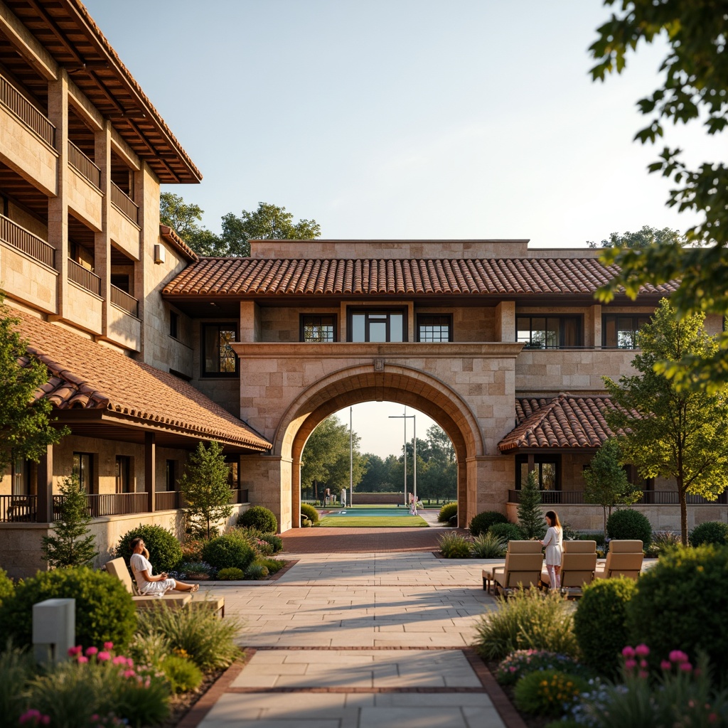 Prompt: Earth-toned football stadium, rustic stone fa\u00e7ade, terracotta roof tiles, arched windows, ornate carvings, grandiose entrance gates, lush greenery, vibrant flowers, natural stone walkways, warm beige seating areas, earthy brown athletic tracks, golden accents, soft warm lighting, shallow depth of field, 3/4 composition, panoramic view, realistic textures, ambient occlusion.