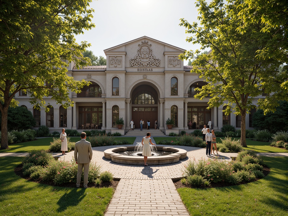 Prompt: Renaissance-style library, grand entrance, ornate stone carvings, symmetrical gardens, manicured lawns, walking paths, ornamental fountains, statues, lanterns, seasonal flower arrangements, lush greenery, vibrant blooming flowers, tranquil atmosphere, soft natural lighting, warm afternoon sun, 1/2 composition, shallow depth of field, realistic textures, ambient occlusion.