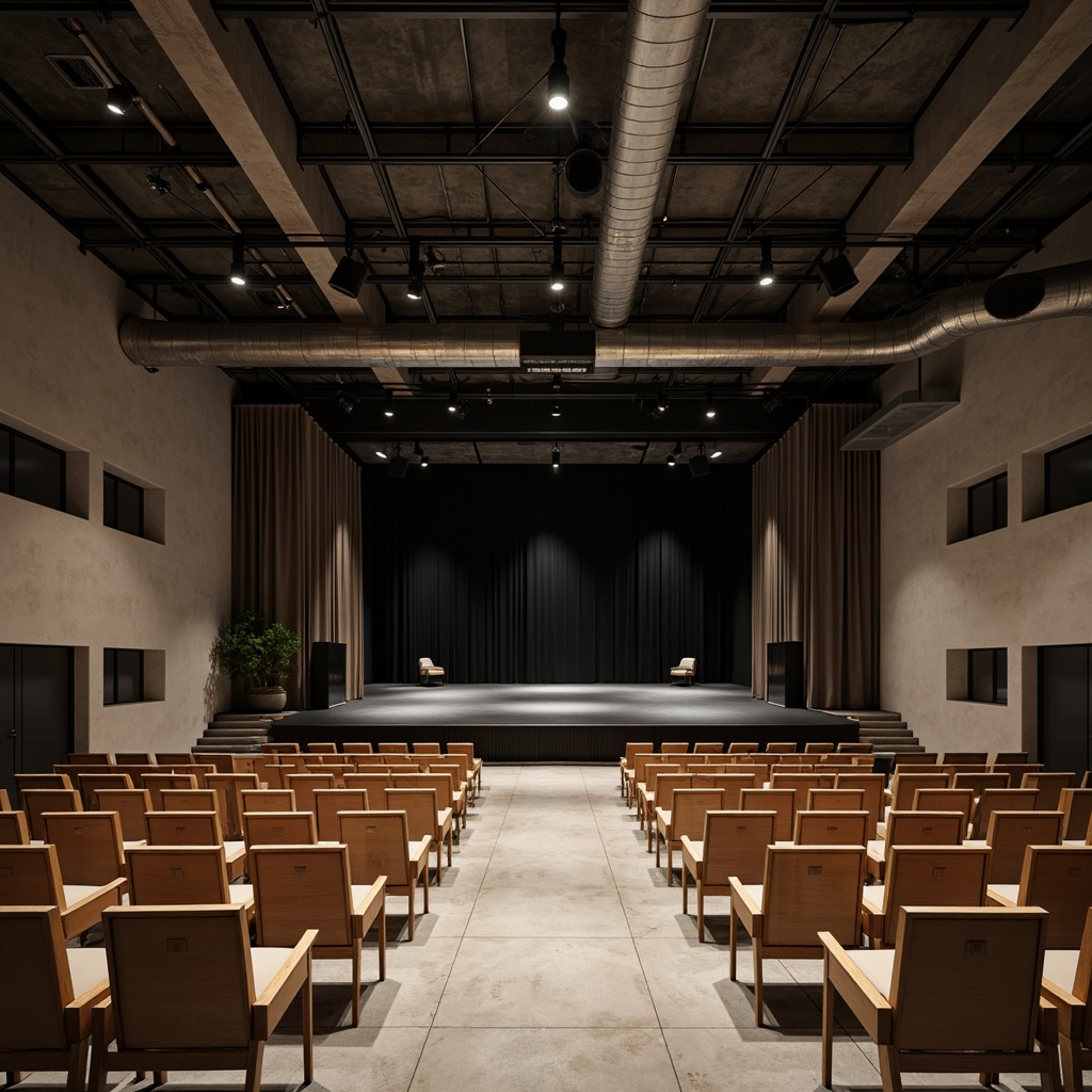 Prompt: Minimalist theater interior, concrete floors, industrial metal beams, exposed ductwork, simple wooden seats, sleek black stage, subtle LED lighting, dramatic spotlights, acoustic panels, sound-absorbing materials, neutral color palette, monochromatic tones, clean lines, minimal ornamentation, functional simplicity, urban loft atmosphere, high ceilings, open space, flexible seating arrangements, movable partitions, versatile performance areas, warm ambient glow, soft shadows, 1/1 composition, realistic textures, subtle reflections.