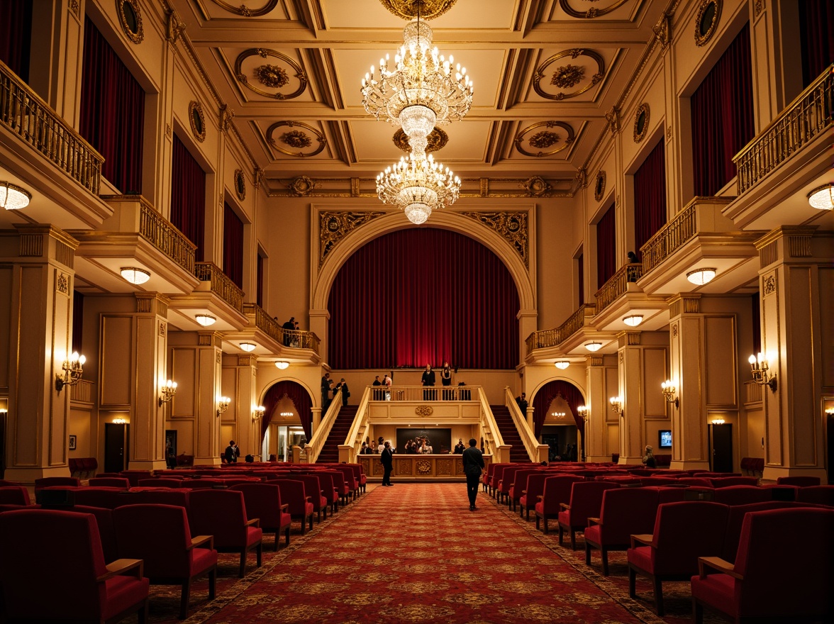 Prompt: Grand auditorium, ornate chandeliers, intricate moldings, luxurious velvet curtains, polished wooden floors, elegant staircases, majestic balconies, ornamental railings, gilded accents, crystal sconces, plush seating areas, richly patterned carpets, dramatic spotlights, warm golden lighting, shallow depth of field, 1/2 composition, symmetrical framing, realistic textures, ambient occlusion.