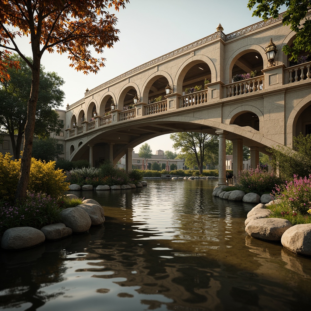 Prompt: Ornate bridge, grandiose arches, intricately carved stone balustrades, gilded accents, ornamental lanterns, majestic river views, serene water reflections, lush greenery, vibrant flowers, natural stone piers, decorative iron railings, Baroque-inspired architecture, sweeping curves, dramatic lighting, warm golden tones, shallow depth of field, 1/2 composition, realistic textures, ambient occlusion.