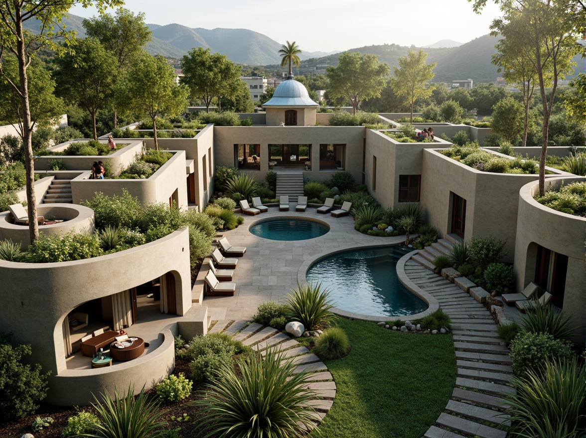 Prompt: Harmonious building integration, lush green roofs, verdant walls, natural stone facades, curved lines, organic shapes, seamless transitions, outdoor living spaces, infinity pools, water features, walking trails, native plant species, bird's eye view, 1/1 composition, soft warm lighting, shallow depth of field, realistic textures, ambient occlusion.