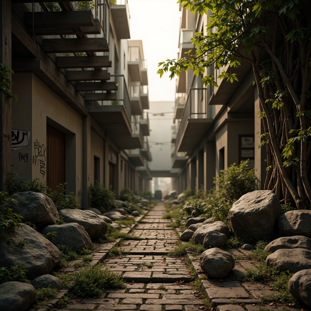 Prompt: Rugged rocky terrain, weathered stone walls, moss-covered boulders, ancient tree roots, twisted metal beams, distressed wooden planks, worn brick pathways, faded graffiti, urban cityscape, misty atmospheric perspective, warm golden lighting, high contrast ratio, shallow depth of field, 2/3 composition, cinematic camera angle, realistic normal mapping, ambient occlusion.