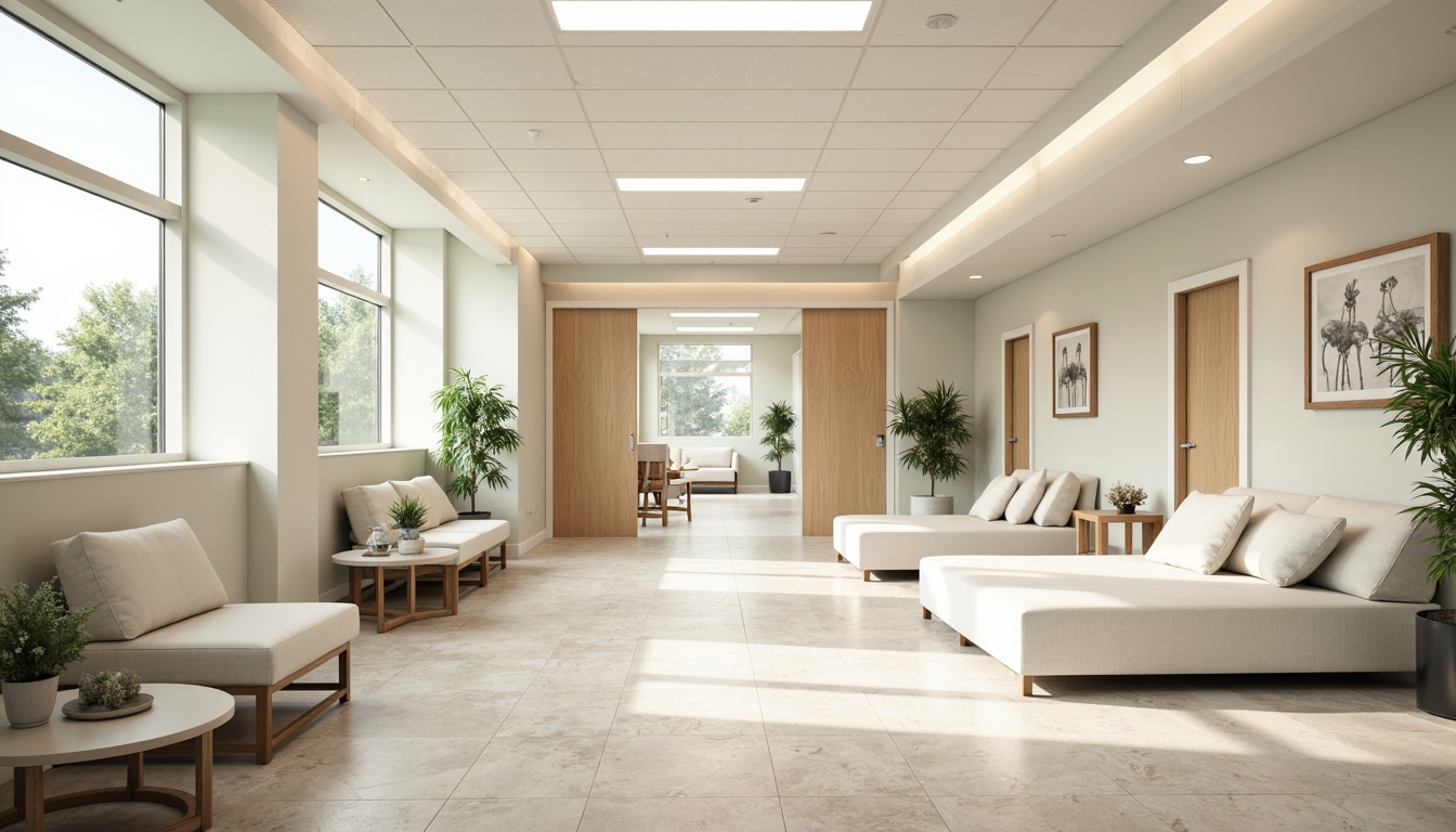 Prompt: Soothing hospital interior, calming color scheme, gentle pastel hues, soft whites, creamy beiges, pale blues, muted greens, warm wood accents, natural stone floors, comfortable seating areas, peaceful waiting rooms, serene patient rooms, gentle lighting, subtle texture contrasts, 1/1 composition, shallow depth of field, realistic renderings, ambient occlusion.