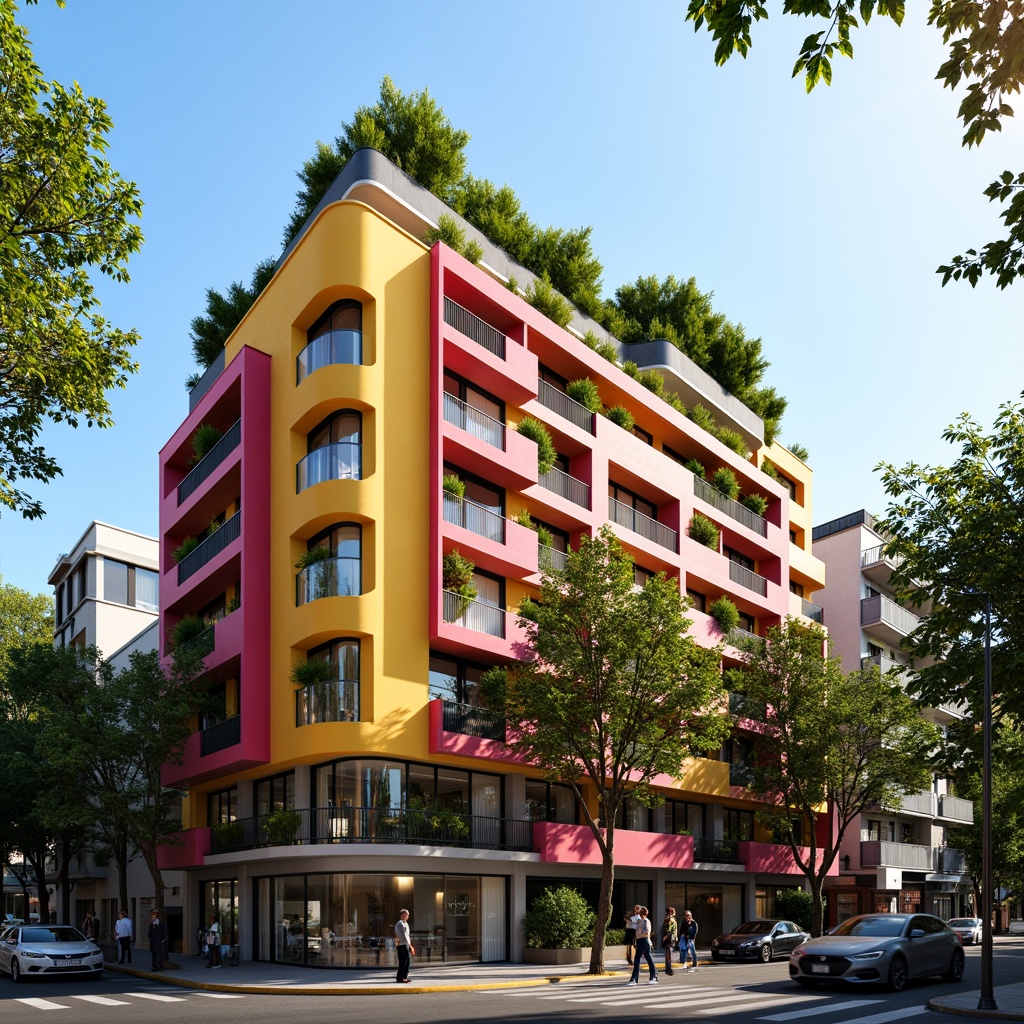 Prompt: Vibrant social housing complex, modern facade design, bold color schemes, geometric patterns, angular balconies, cantilevered roofs, sustainable materials, green walls, vertical gardens, urban landscape, bustling city streets, morning sunlight, soft warm lighting, shallow depth of field, 3/4 composition, panoramic view, realistic textures, ambient occlusion.